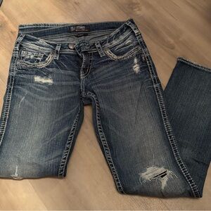 Silver Jeans Women’s Distressed Dark Blue Boot Cut Jeans